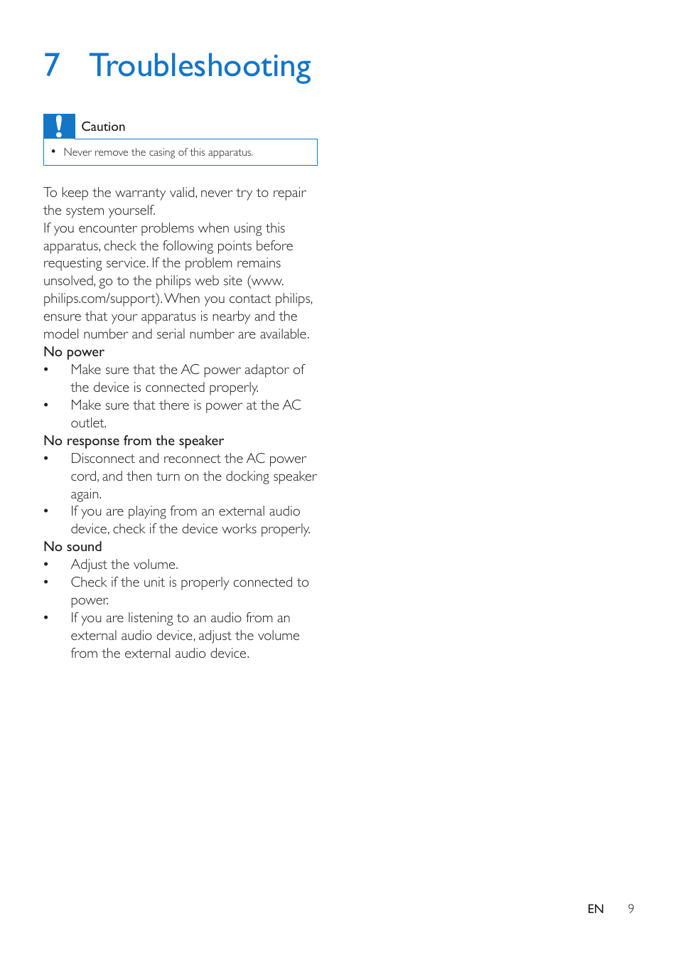 7 troubleshooting | Philips AD305-37 User Manual | Page 11 / 12