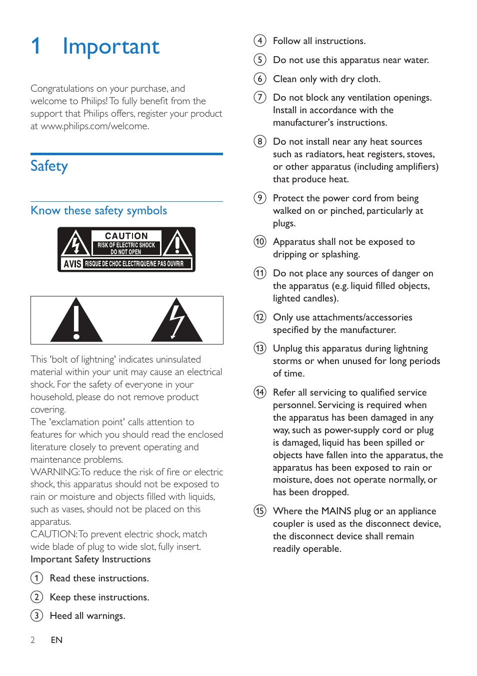 1 important, Safety, Know these safety symbols | Safety 2 | Philips AD305-37 User Manual | Page 4 / 12