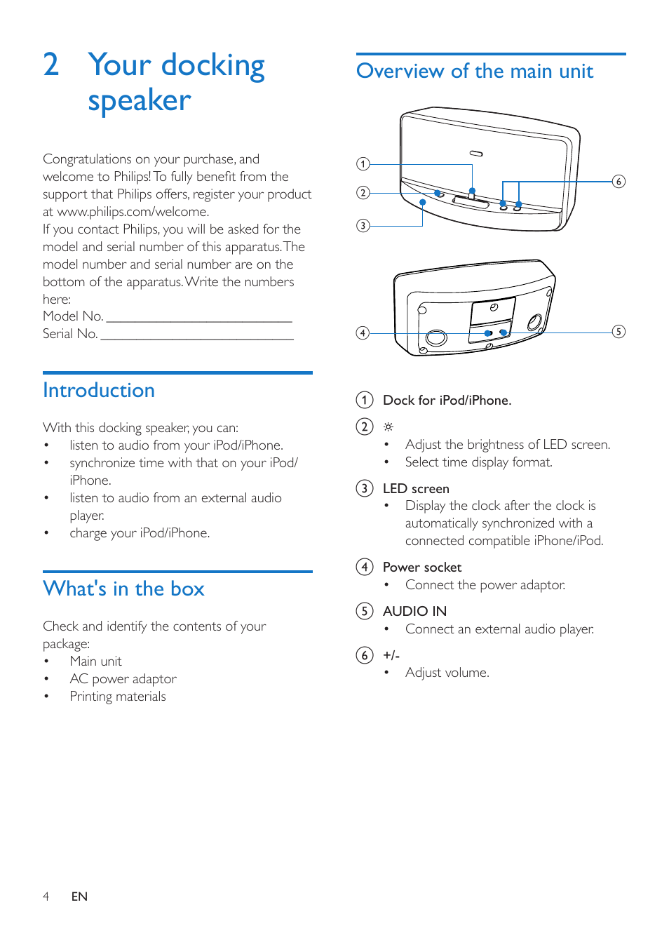 2 your docking speaker, Introduction, What's in the box | Overview of the main unit, Introduction 4 | Philips AD305-37 User Manual | Page 6 / 12