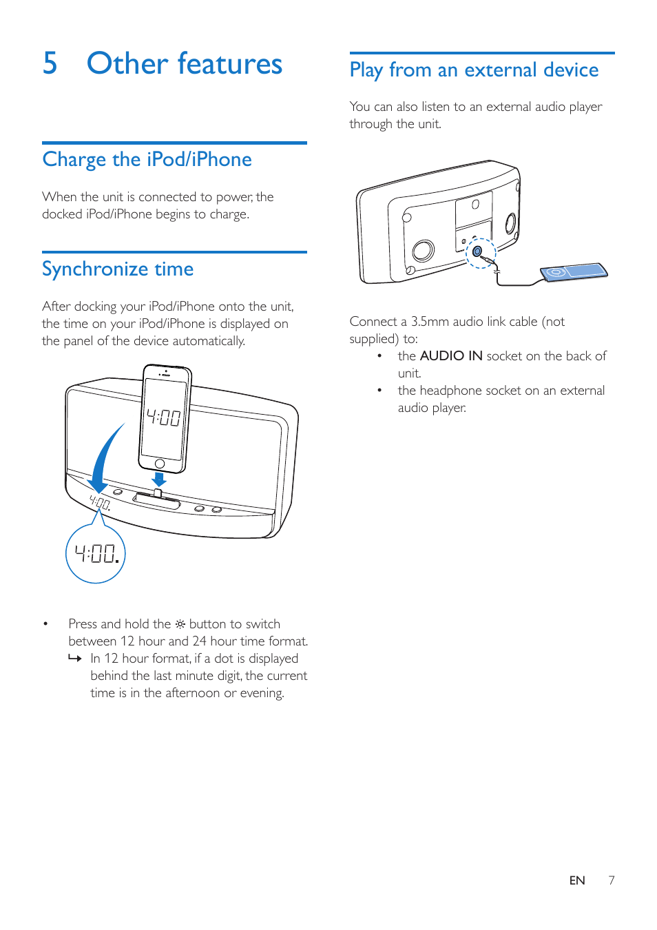 5 other features, Charge the ipod/iphone, Synchronize time | Play from an external device | Philips AD305-37 User Manual | Page 9 / 12