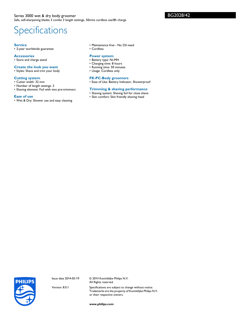 Specifications | Philips BG2028-42 User Manual | Page 3 / 3