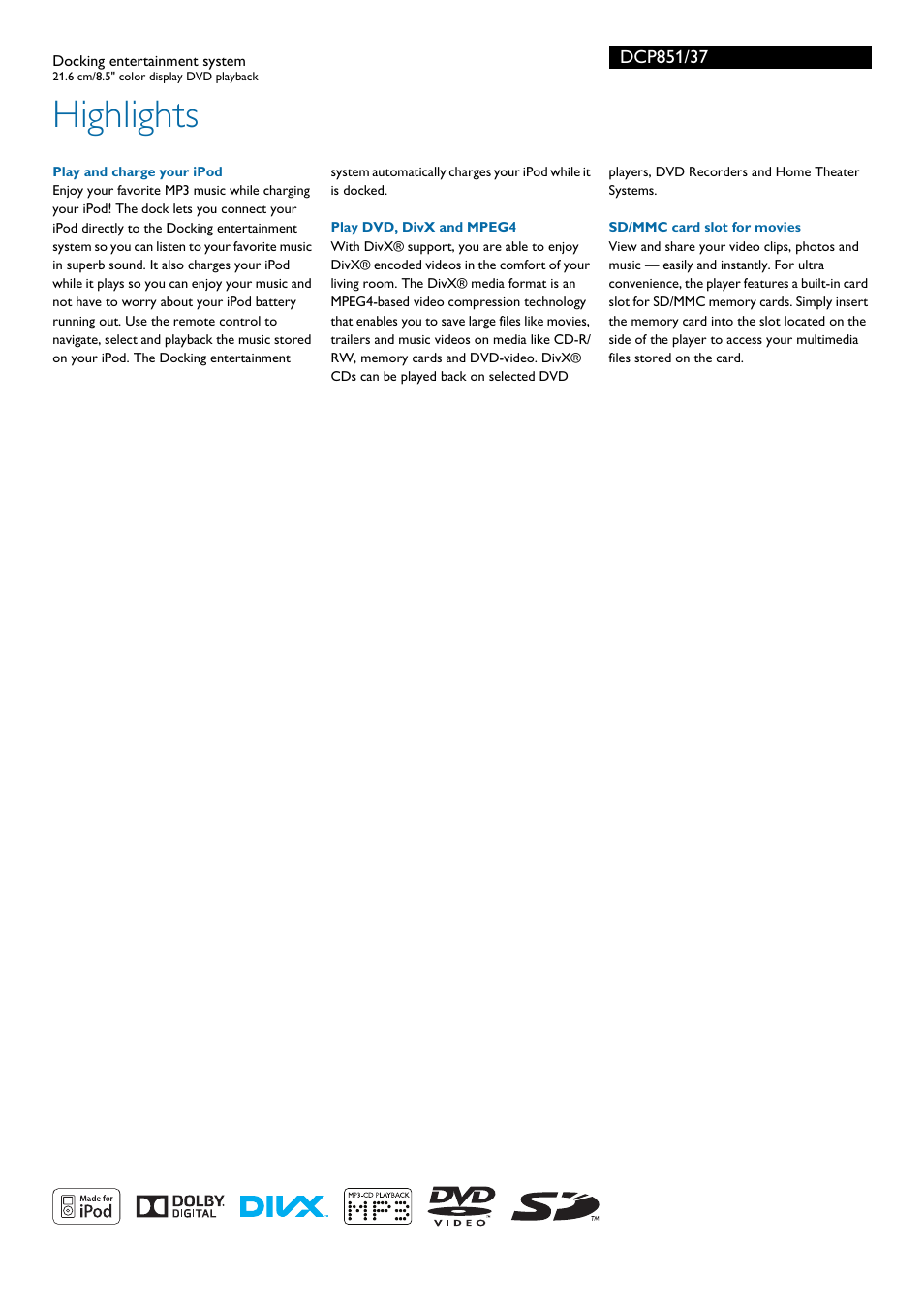 Highlights | Philips docking entertainment system User Manual | Page 2 / 3