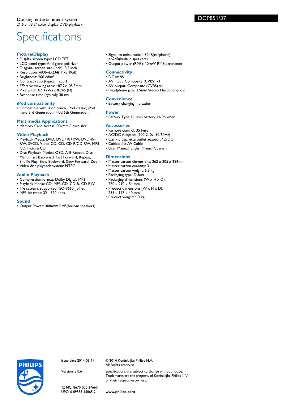 Specifications | Philips docking entertainment system User Manual | Page 3 / 3