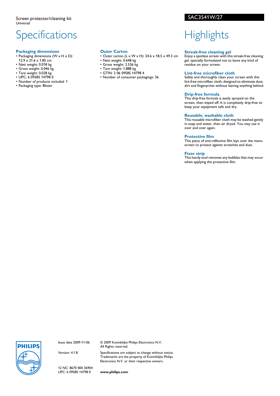 Specifications, Highlights | Philips SAC3541W-27 User Manual | Page 2 / 2