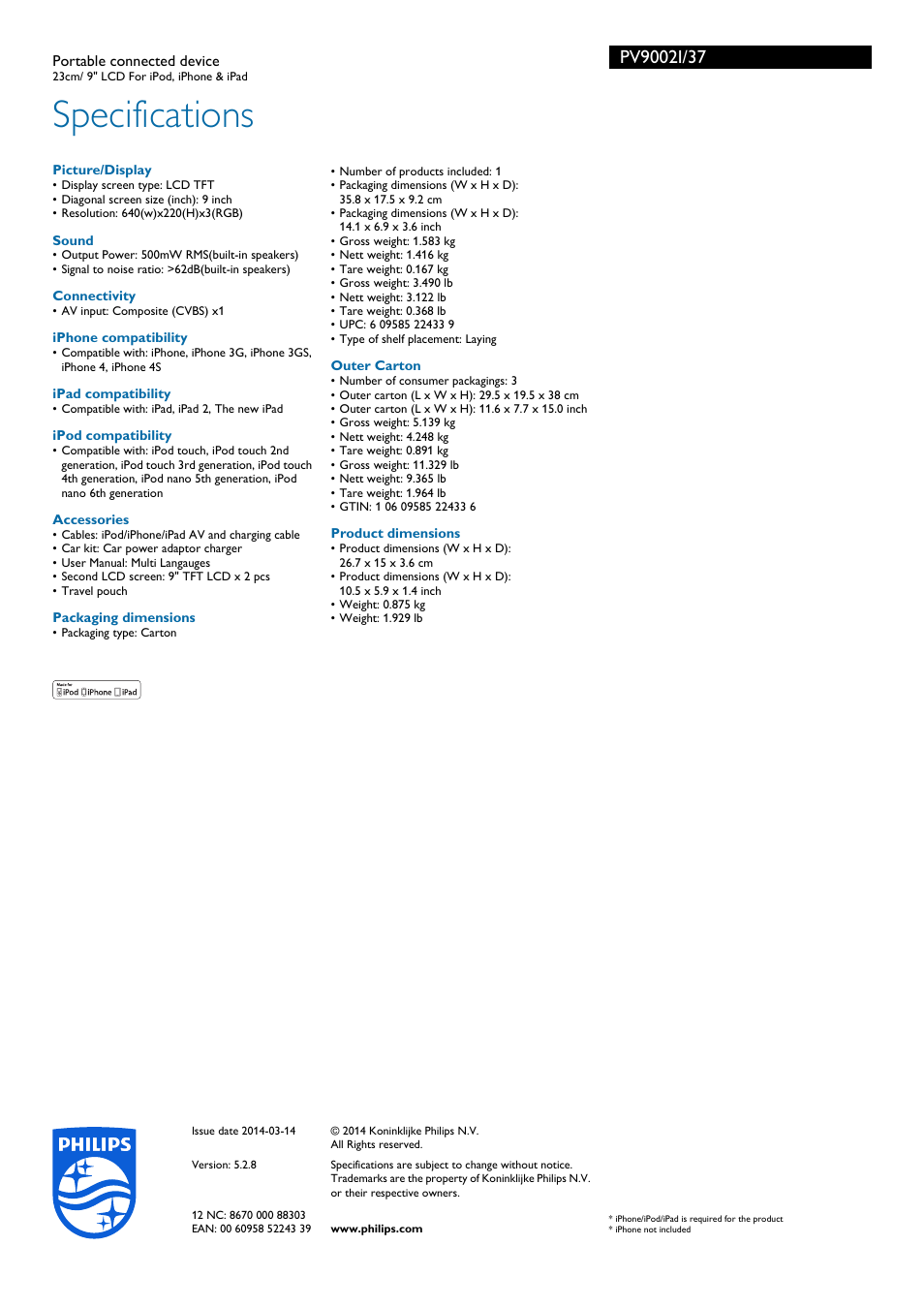 Specifications | Philips PV9002I-37 User Manual | Page 2 / 2