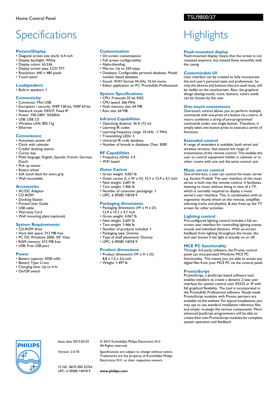 Specifications, Highlights | Philips Pronto Home Control Panel TSU9800 User Manual | Page 2 / 2