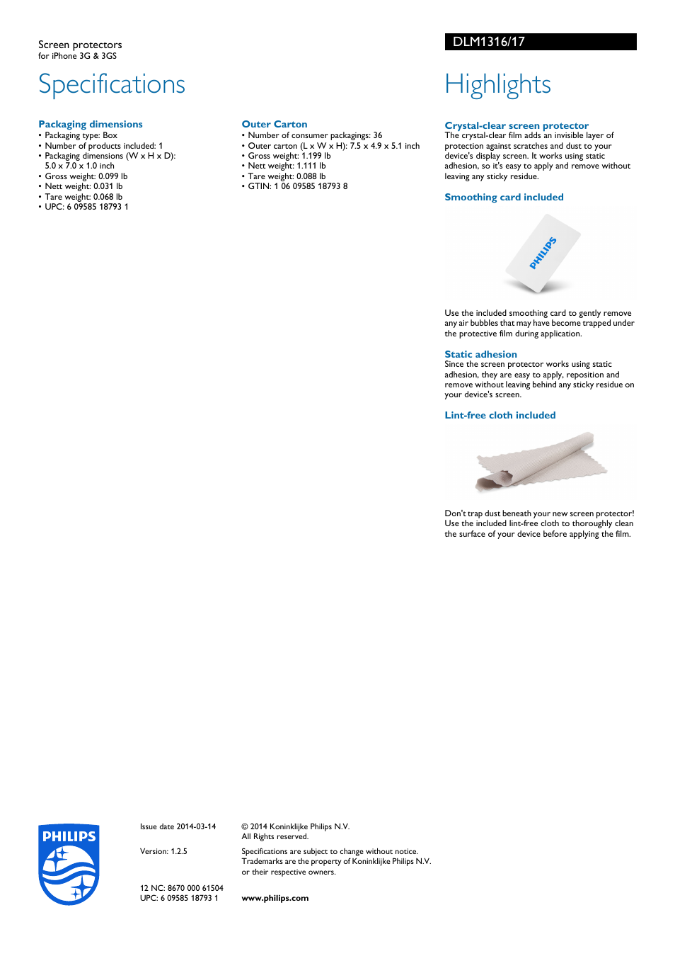 Specifications, Highlights | Philips DLM1316-17 User Manual | Page 2 / 2
