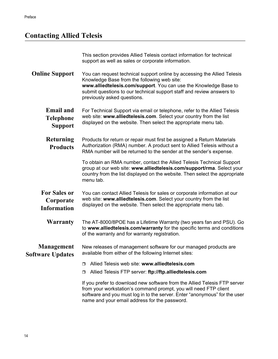 Contacting allied telesis, Online support, Email and telephone support | Returning products, For sales or corporate information, Warranty, Management software updates | Allied Telesis AT 8000/8POE User Manual | Page 14 / 56