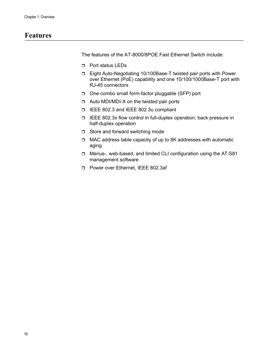 Features | Allied Telesis AT 8000/8POE User Manual | Page 16 / 56
