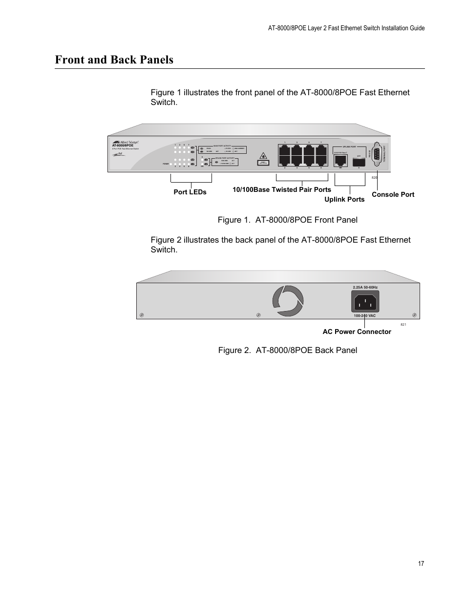 Front and back panels, Uplink ports console port, Ac power connector | Allied Telesis AT 8000/8POE User Manual | Page 17 / 56