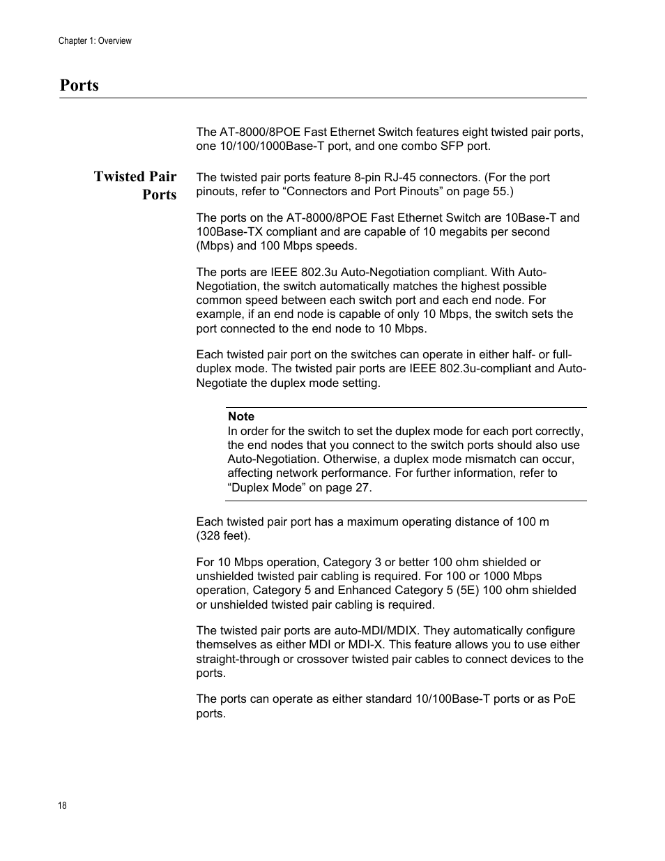 Ports, Twisted pair ports | Allied Telesis AT 8000/8POE User Manual | Page 18 / 56