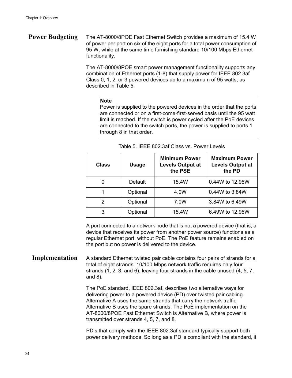 Power budgeting, Implementation, Power budgeting implementation | Table 5. ieee 802.3af class vs. power levels | Allied Telesis AT 8000/8POE User Manual | Page 24 / 56