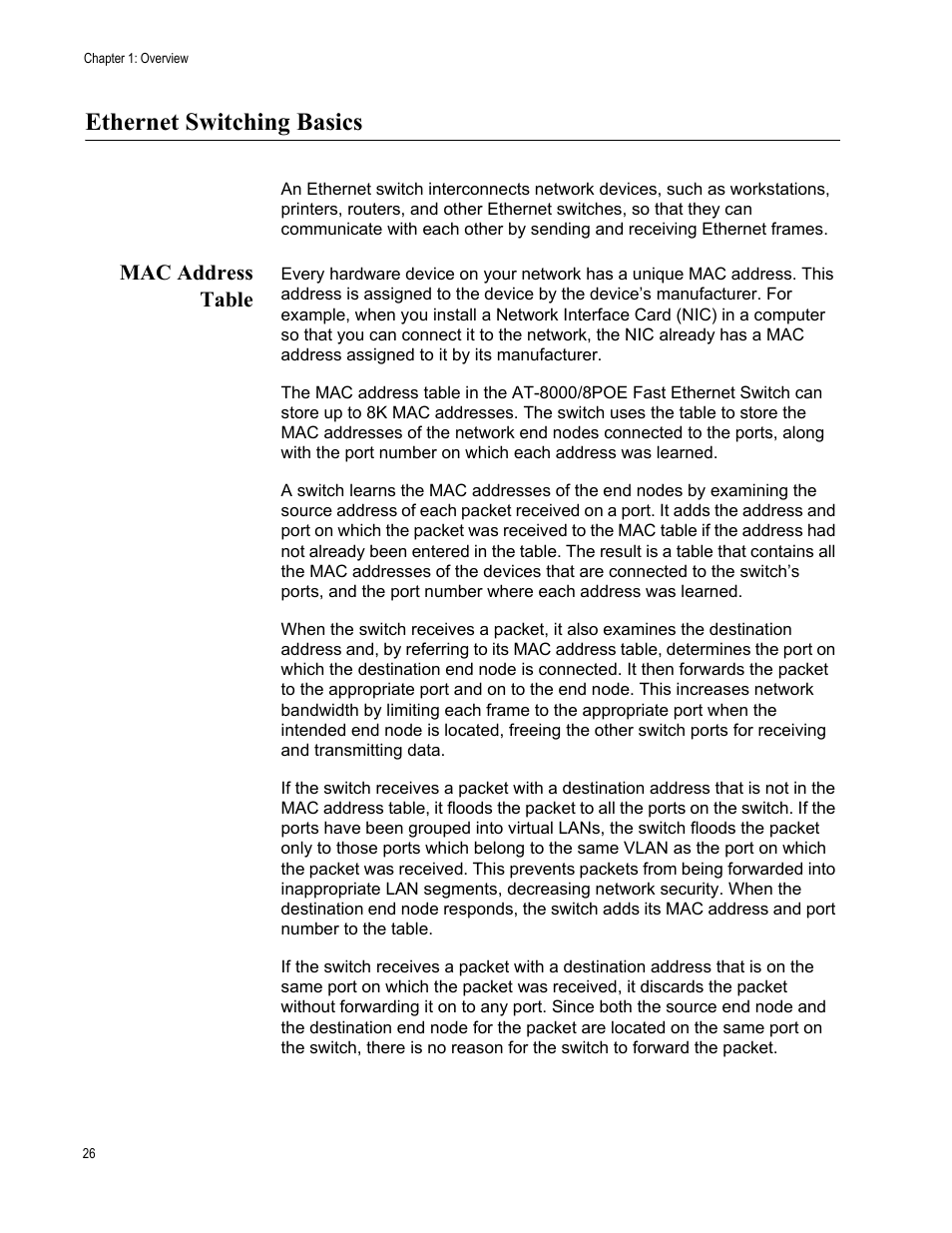 Ethernet switching basics, Mac address table | Allied Telesis AT 8000/8POE User Manual | Page 26 / 56