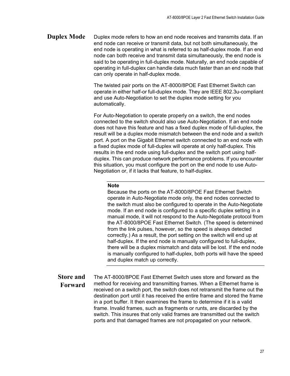 Duplex mode, Store and forward, Duplex mode store and forward | Allied Telesis AT 8000/8POE User Manual | Page 27 / 56