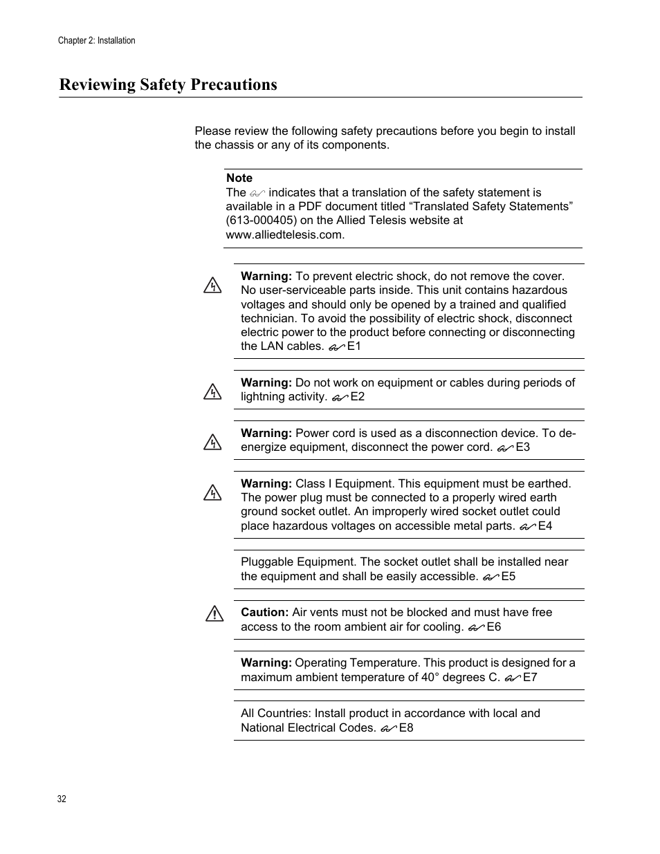 Reviewing safety precautions | Allied Telesis AT 8000/8POE User Manual | Page 32 / 56
