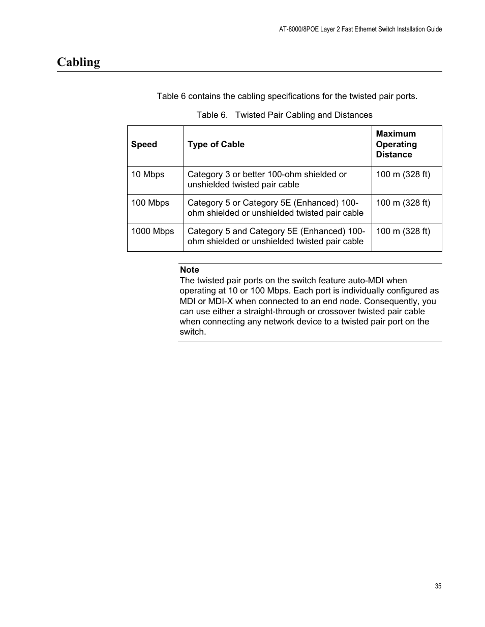 Cabling, Table 6. twisted pair cabling and distances | Allied Telesis AT 8000/8POE User Manual | Page 35 / 56