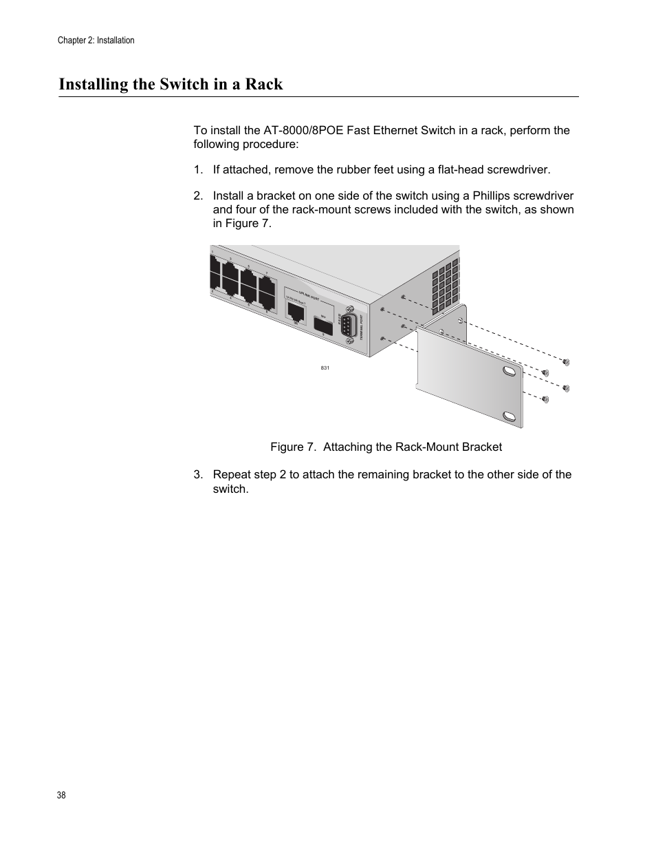 Installing the switch in a rack, Figure 7. attaching the rack-mount bracket, Chapter 2: installation 38 | Allied Telesis AT 8000/8POE User Manual | Page 38 / 56