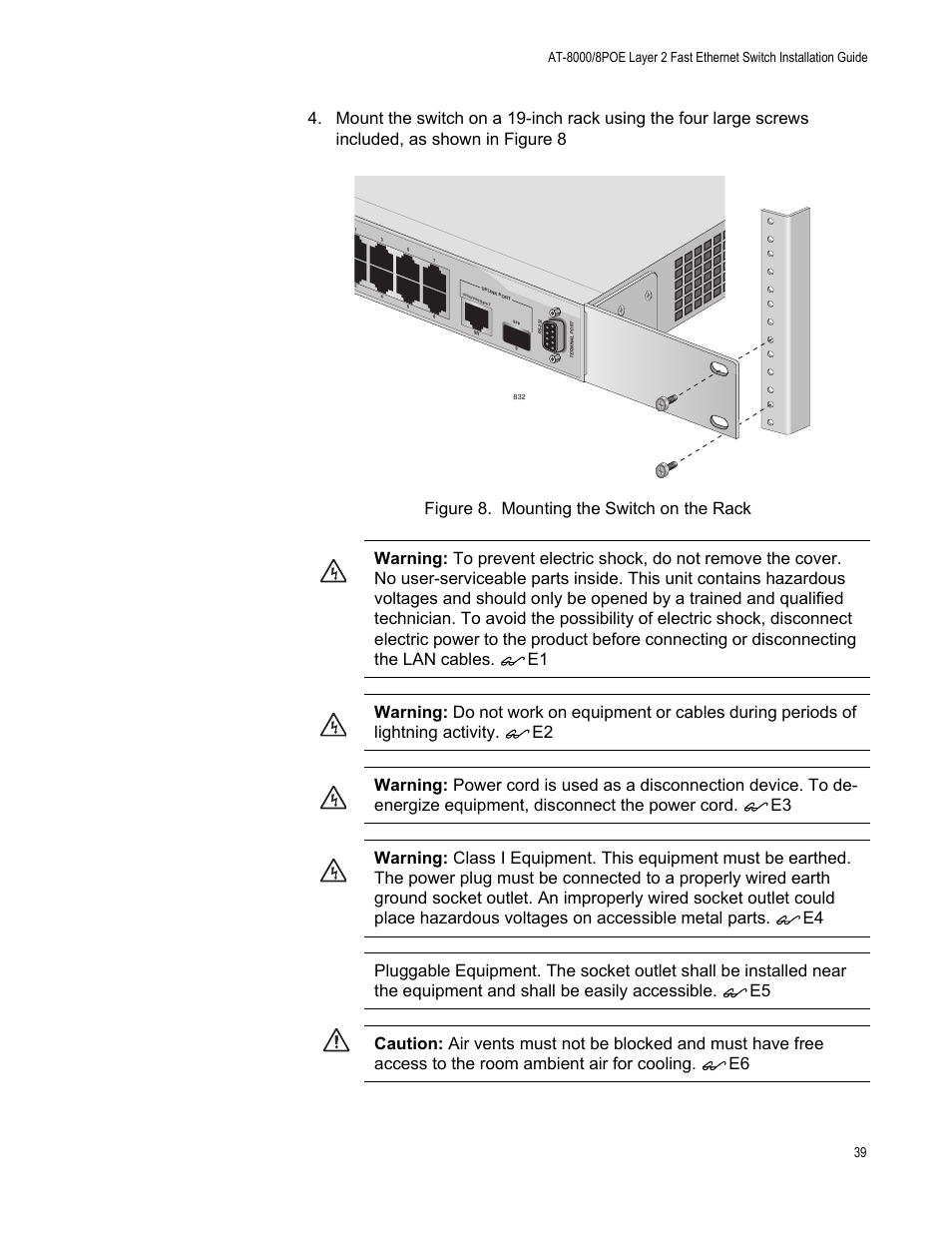 Figure 8. mounting the switch on the rack | Allied Telesis AT 8000/8POE User Manual | Page 39 / 56