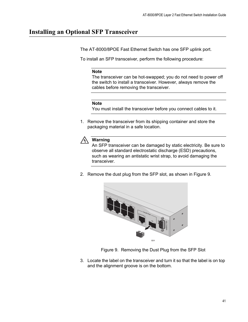 Installing an optional sfp transceiver, Figure 9. removing the dust plug from the sfp slot | Allied Telesis AT 8000/8POE User Manual | Page 41 / 56