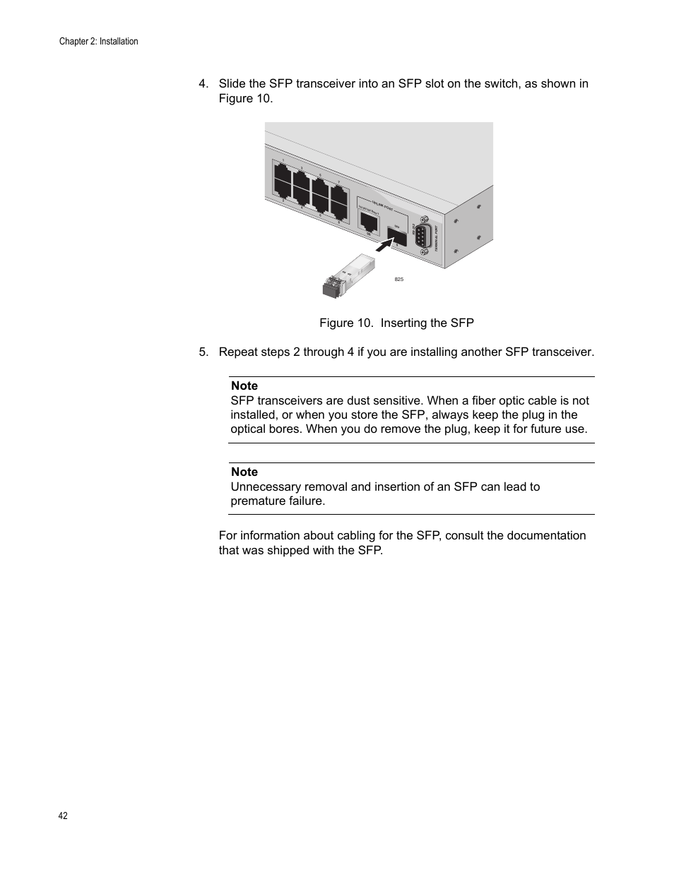 Figure 10. inserting the sfp, Chapter 2: installation 42 | Allied Telesis AT 8000/8POE User Manual | Page 42 / 56