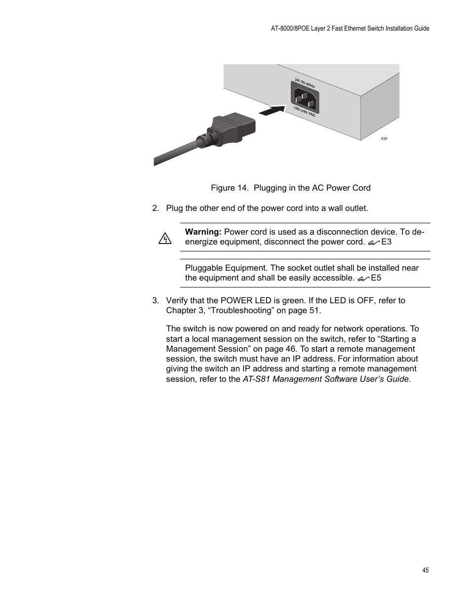 Figure 14. plugging in the ac power cord | Allied Telesis AT 8000/8POE User Manual | Page 45 / 56