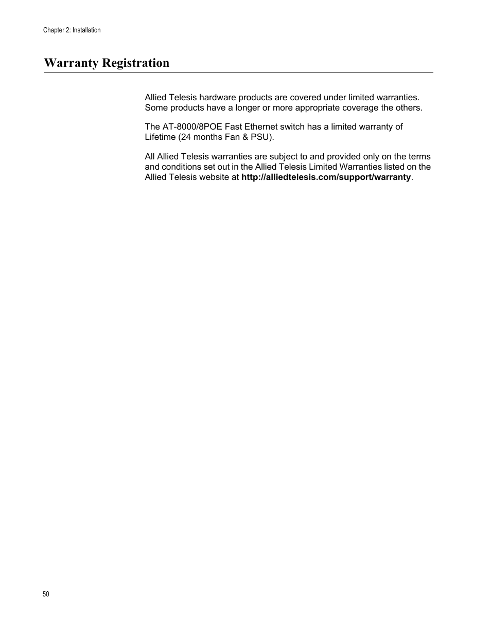 Warranty registration | Allied Telesis AT 8000/8POE User Manual | Page 50 / 56