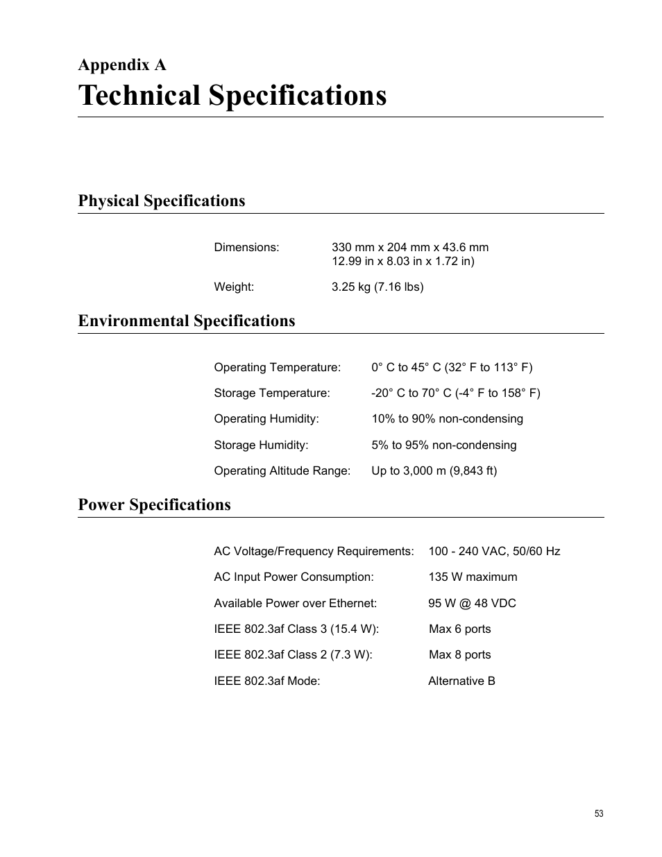 Appendix a, Technical specifications, Physical specifications | Environmental specifications, Power specifications, Appendix a: technical specifications | Allied Telesis AT 8000/8POE User Manual | Page 53 / 56