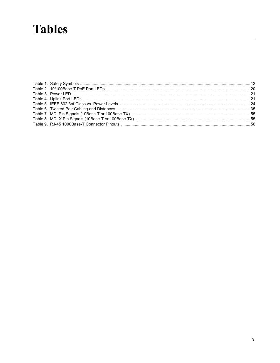 Tables | Allied Telesis AT 8000/8POE User Manual | Page 9 / 56