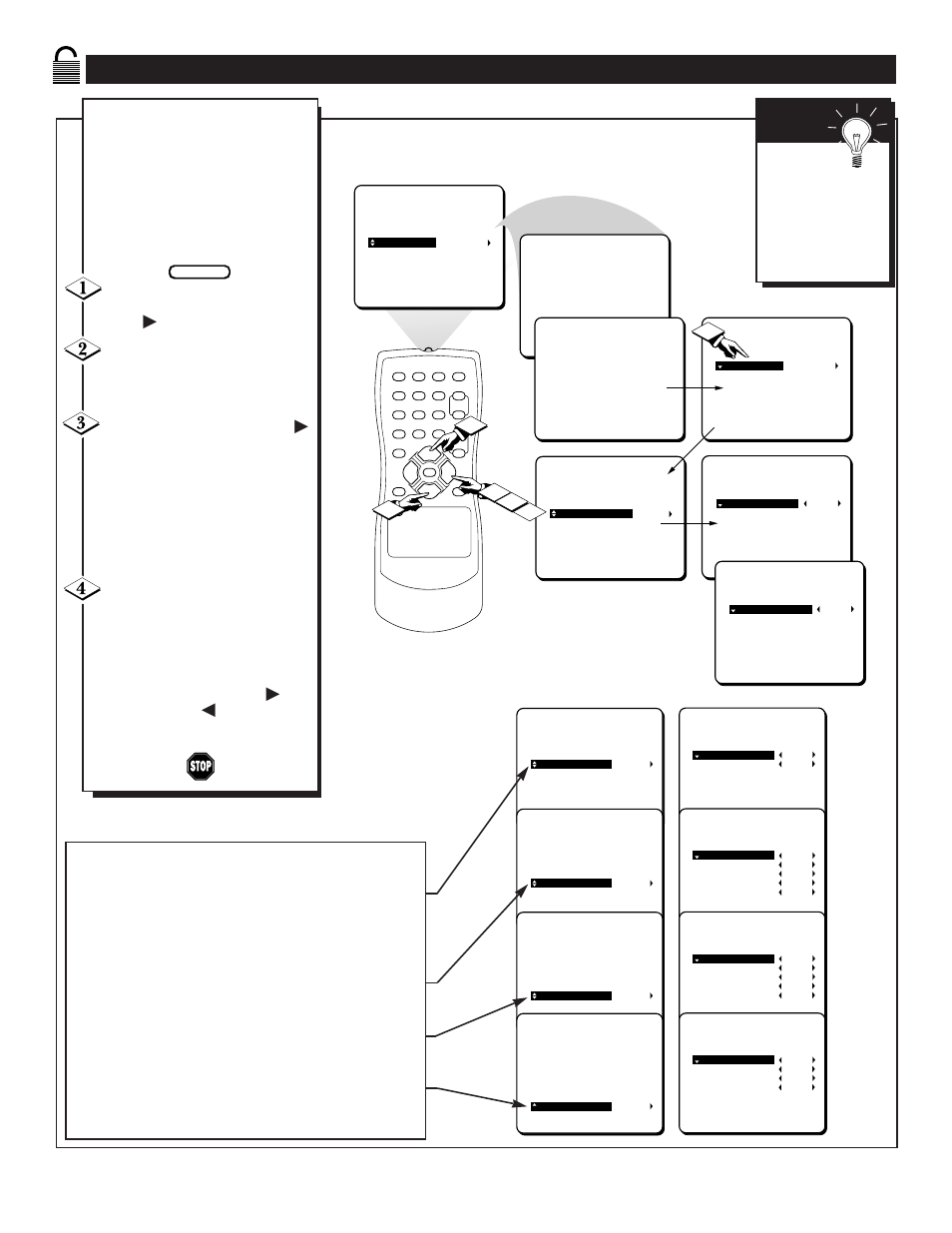 Tv r, Lock, Rogramming | Sing, Atings, Or cursor left, Mart | Philips PR1306C User Manual | Page 22 / 28