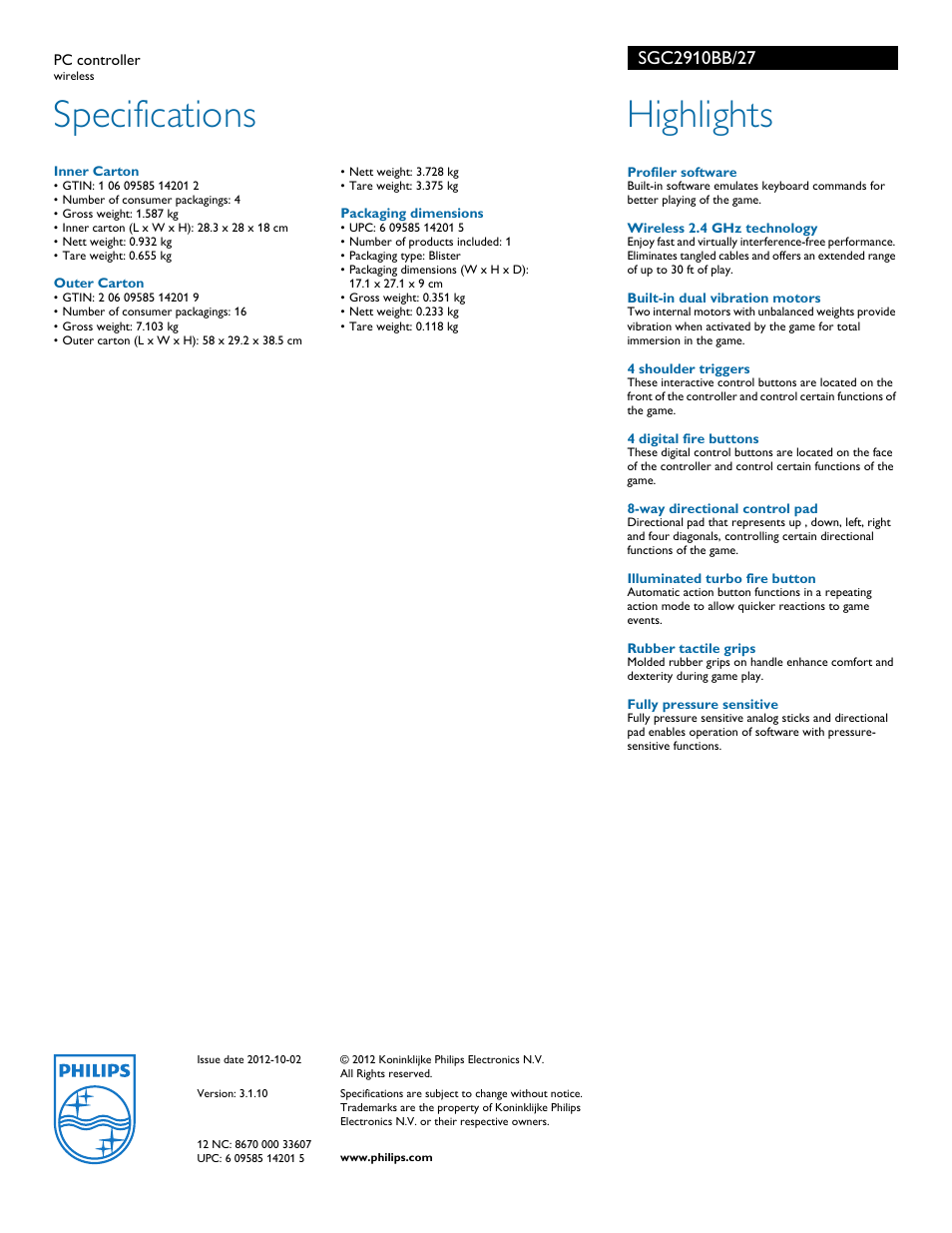 Specifications, Highlights | Philips PC controller SGC2910BB wireless User Manual | Page 2 / 2