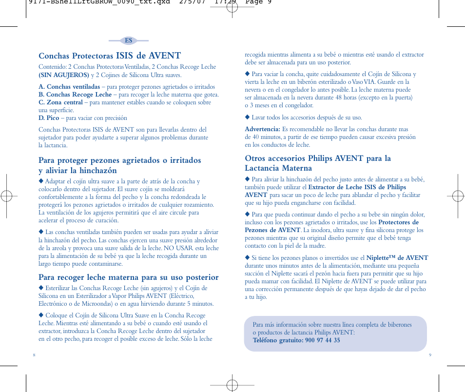 Isis de avent, Conchas protectoras, Para recoger leche materna para su uso posterior | Philips SCF157-02 User Manual | Page 7 / 13