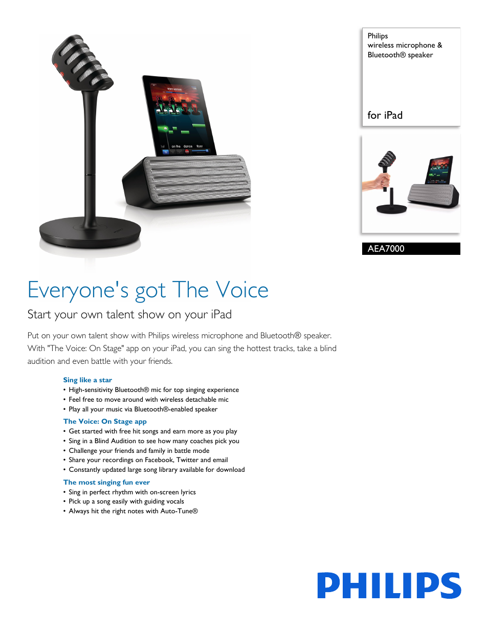 Philips wireless microphone & Bluetooth® speaker AEA7000 for iPad User Manual | 3 pages