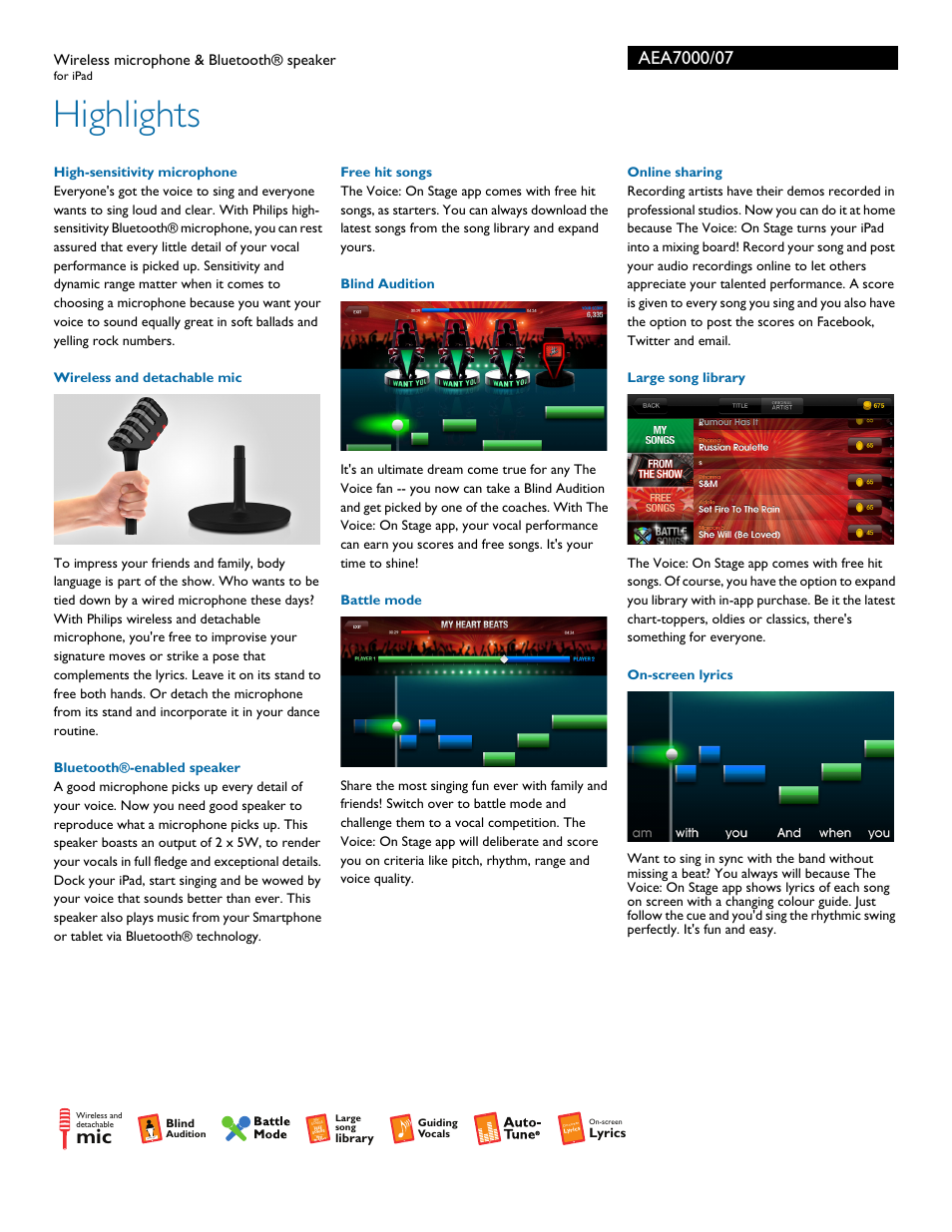 Highlights, Wireless microphone & bluetooth® speaker | Philips wireless microphone & Bluetooth® speaker AEA7000 for iPad User Manual | Page 2 / 3
