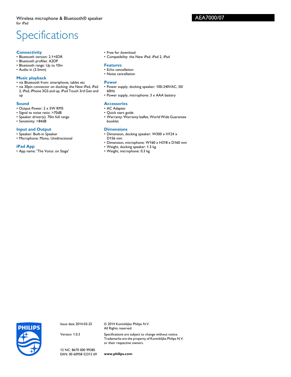 Specifications | Philips wireless microphone & Bluetooth® speaker AEA7000 for iPad User Manual | Page 3 / 3