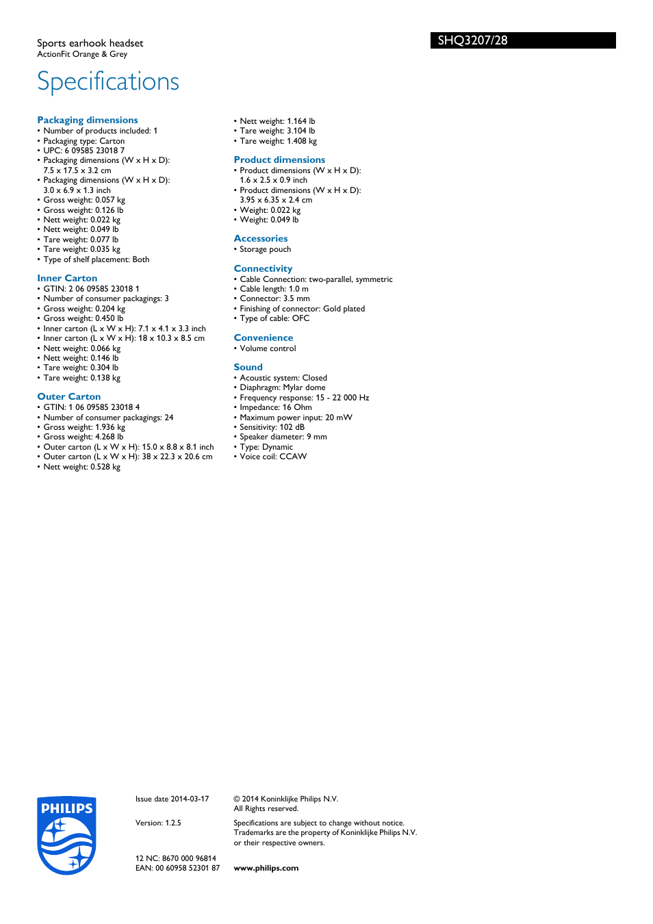 Specifications | Philips SHQ3207-28 User Manual | Page 3 / 3