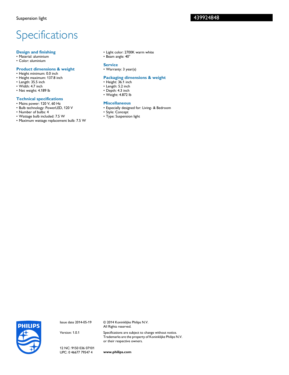 Specifications | Philips 439924848 User Manual | Page 3 / 3