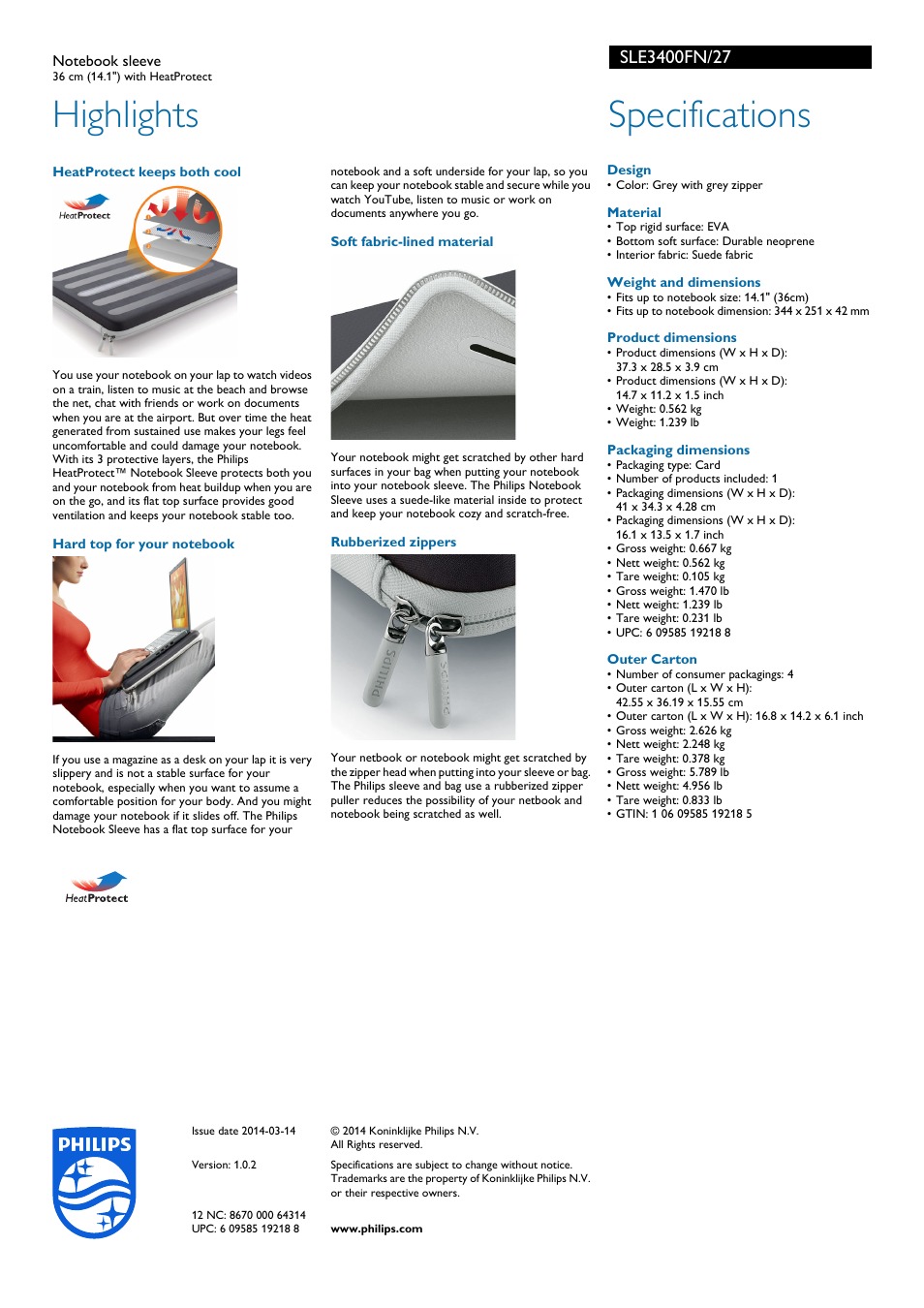Highlights, Specifications | Philips SLE3400FN-27 User Manual | Page 2 / 2