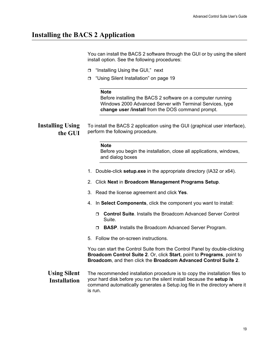 Installing the bacs 2 application, Installing using the gui, Using silent installation | Installing using the gui using silent installation | Allied Telesis AT-2916SX User Manual | Page 19 / 74