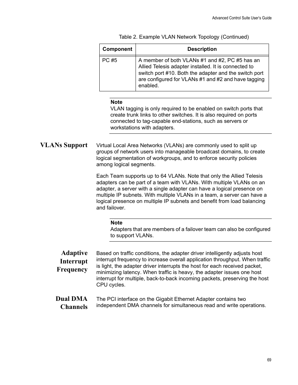Vlans support, Adaptive interrupt frequency, Dual dma channels | Allied Telesis AT-2916SX User Manual | Page 69 / 74