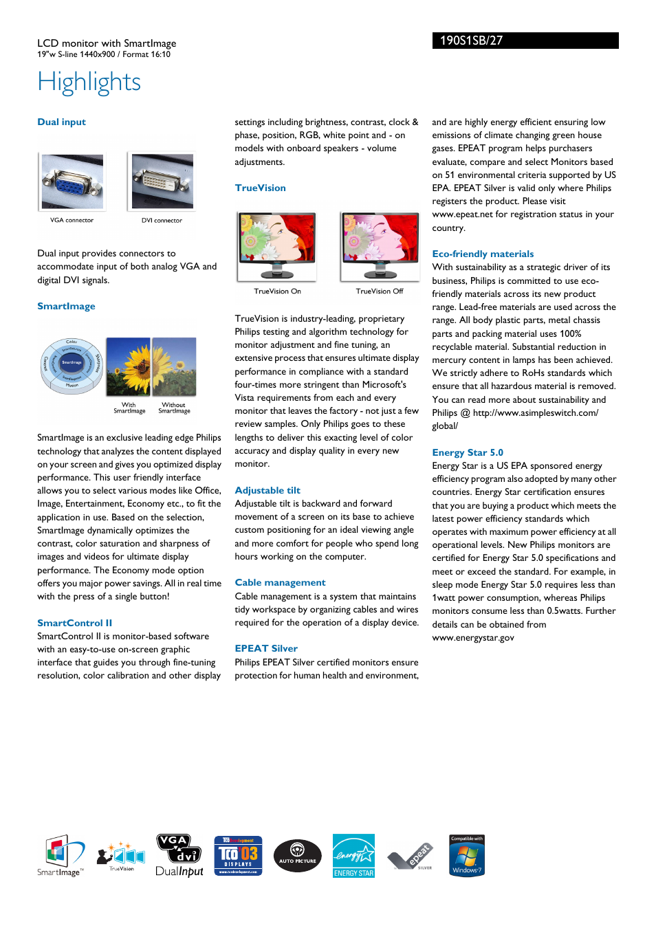 Highlights | Philips 190S1SB-27 User Manual | Page 2 / 3