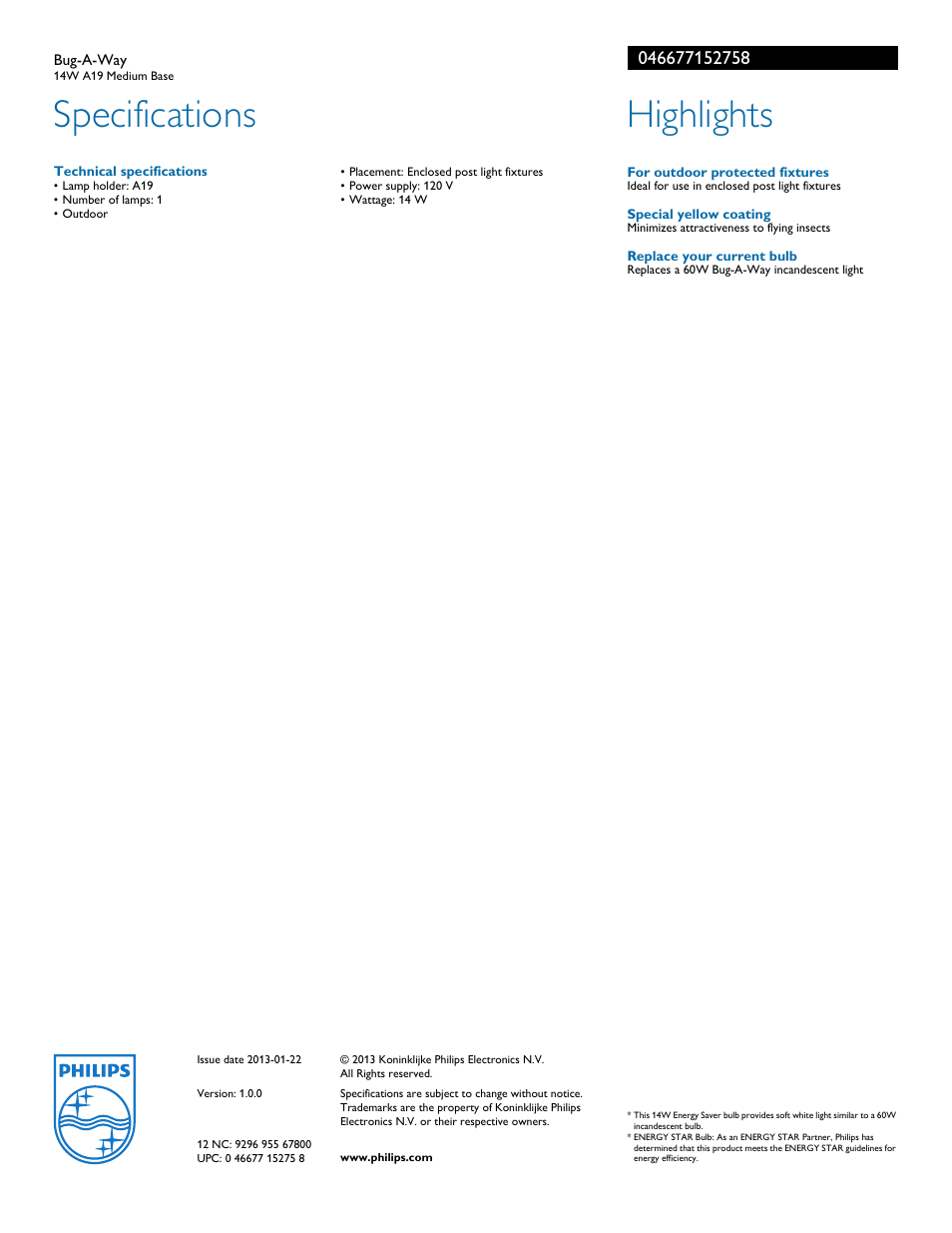 Specifications, Highlights | Philips 046677152758 User Manual | Page 2 / 2