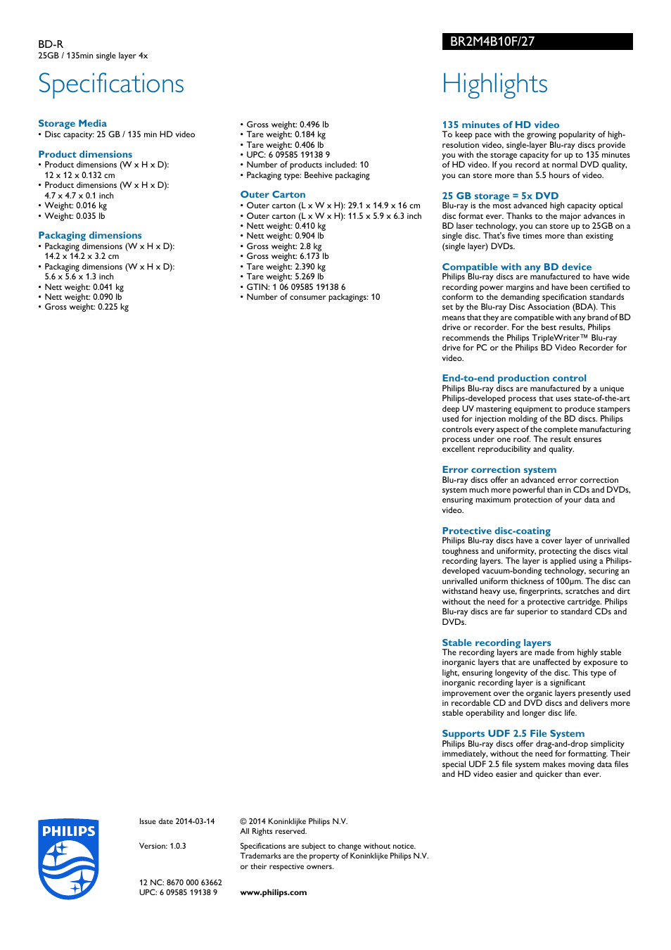 Specifications, Highlights | Philips BR2M4B10F-27 User Manual | Page 2 / 2