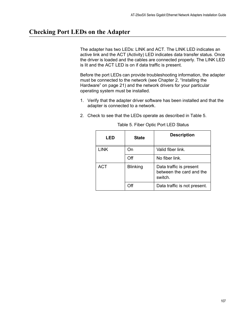 Checking port leds on the adapter | Allied Telesis AT-2931SX User Manual | Page 107 / 136