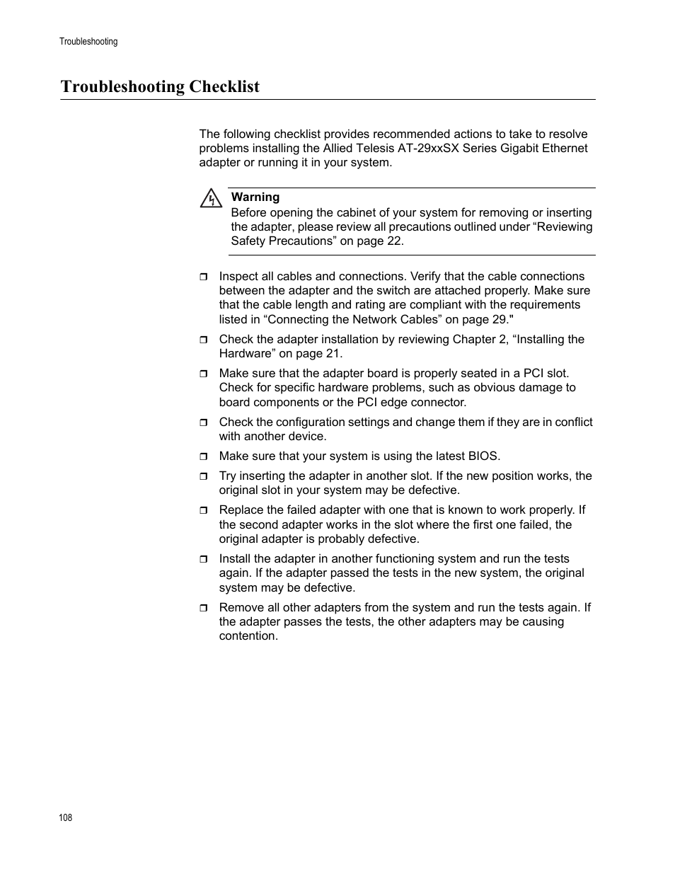 Troubleshooting checklist | Allied Telesis AT-2931SX User Manual | Page 108 / 136