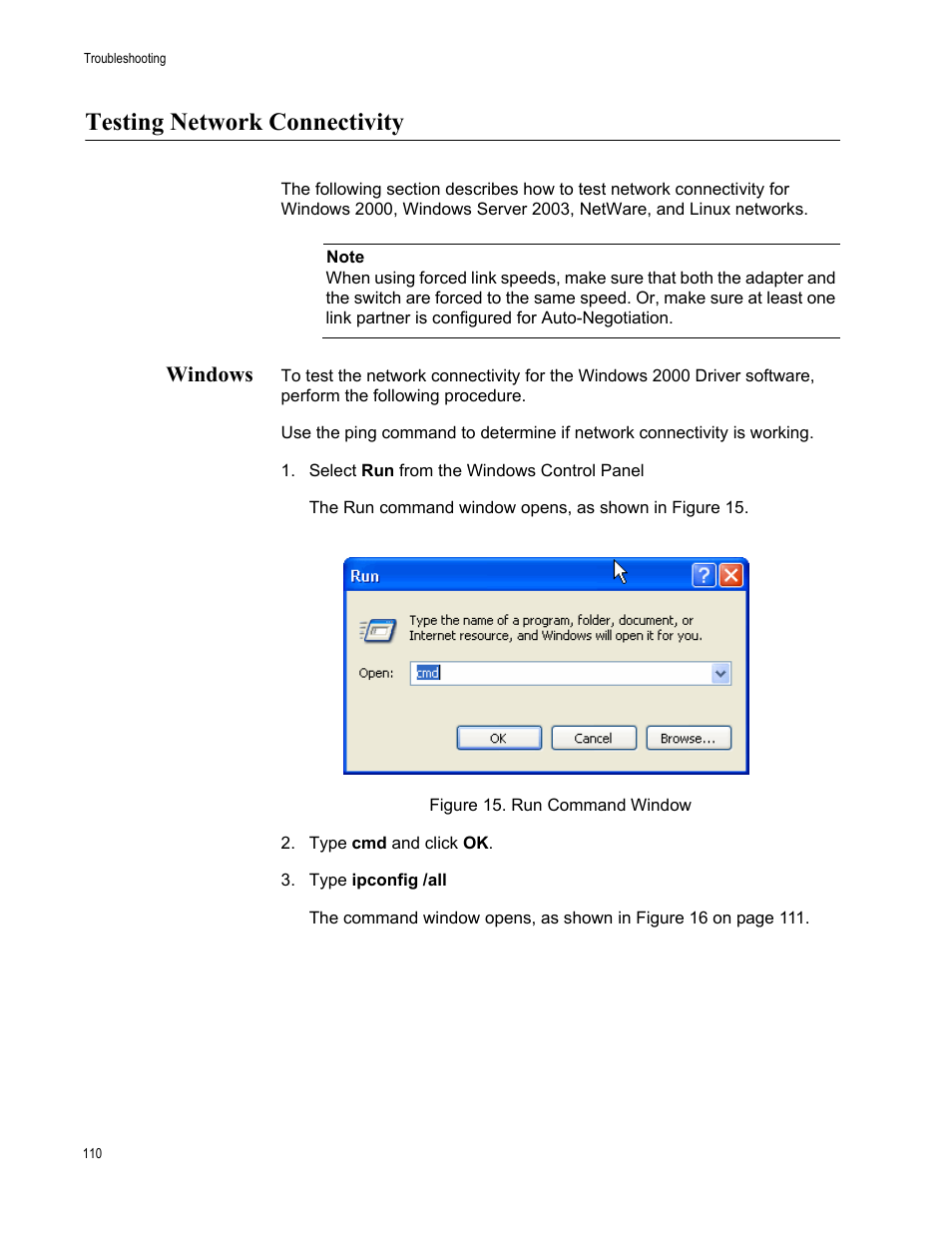 Testing network connectivity, Windows, Select run from the windows control panel | Allied Telesis AT-2931SX User Manual | Page 110 / 136