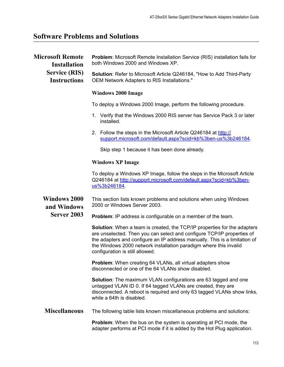 Software problems and solutions, Windows 2000 and windows server 2003, Miscellaneous | Windows 2000 image windows xp image, Windows 2000 and windows server 2003 miscellaneous | Allied Telesis AT-2931SX User Manual | Page 113 / 136