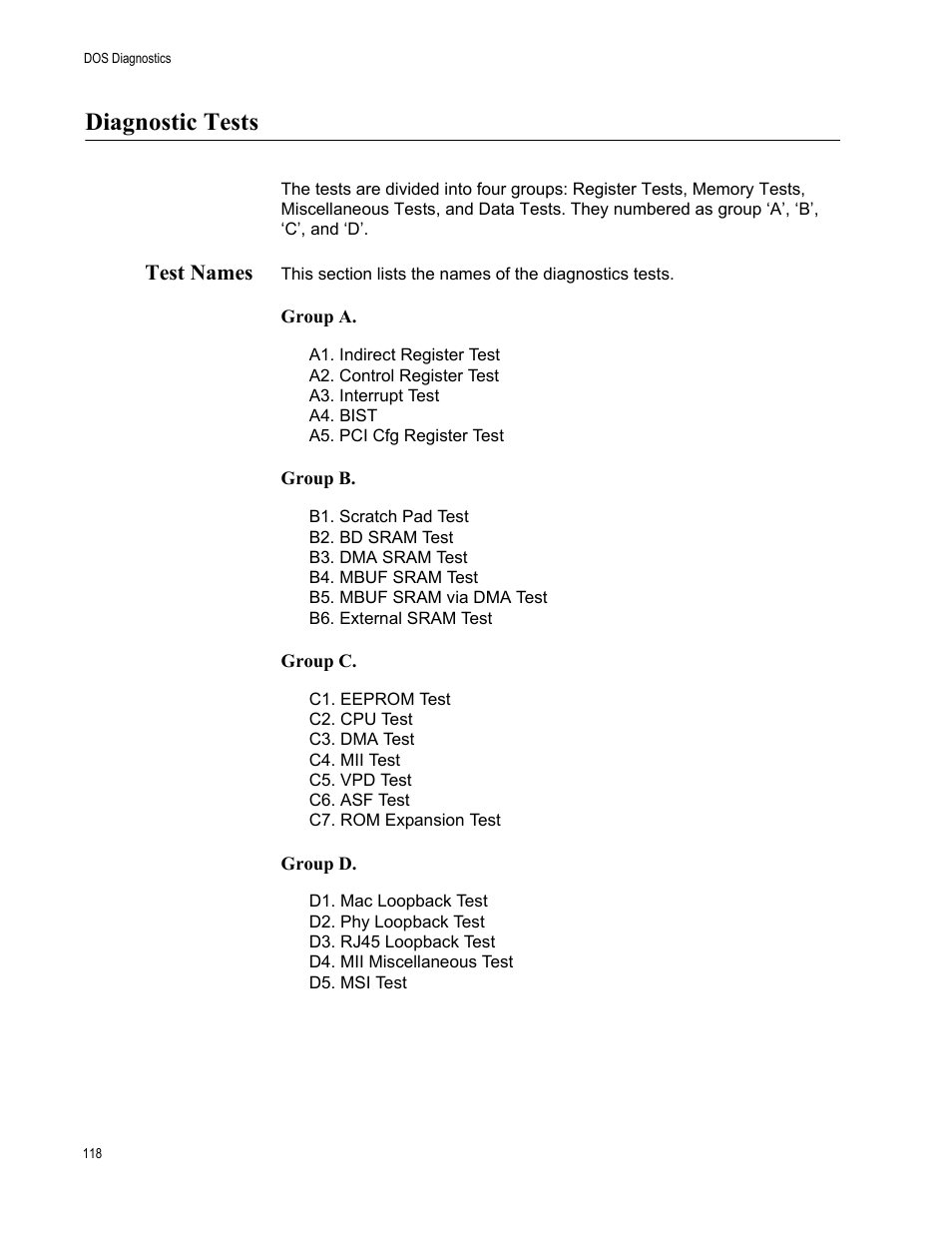 Diagnostic tests, Test names | Allied Telesis AT-2931SX User Manual | Page 118 / 136