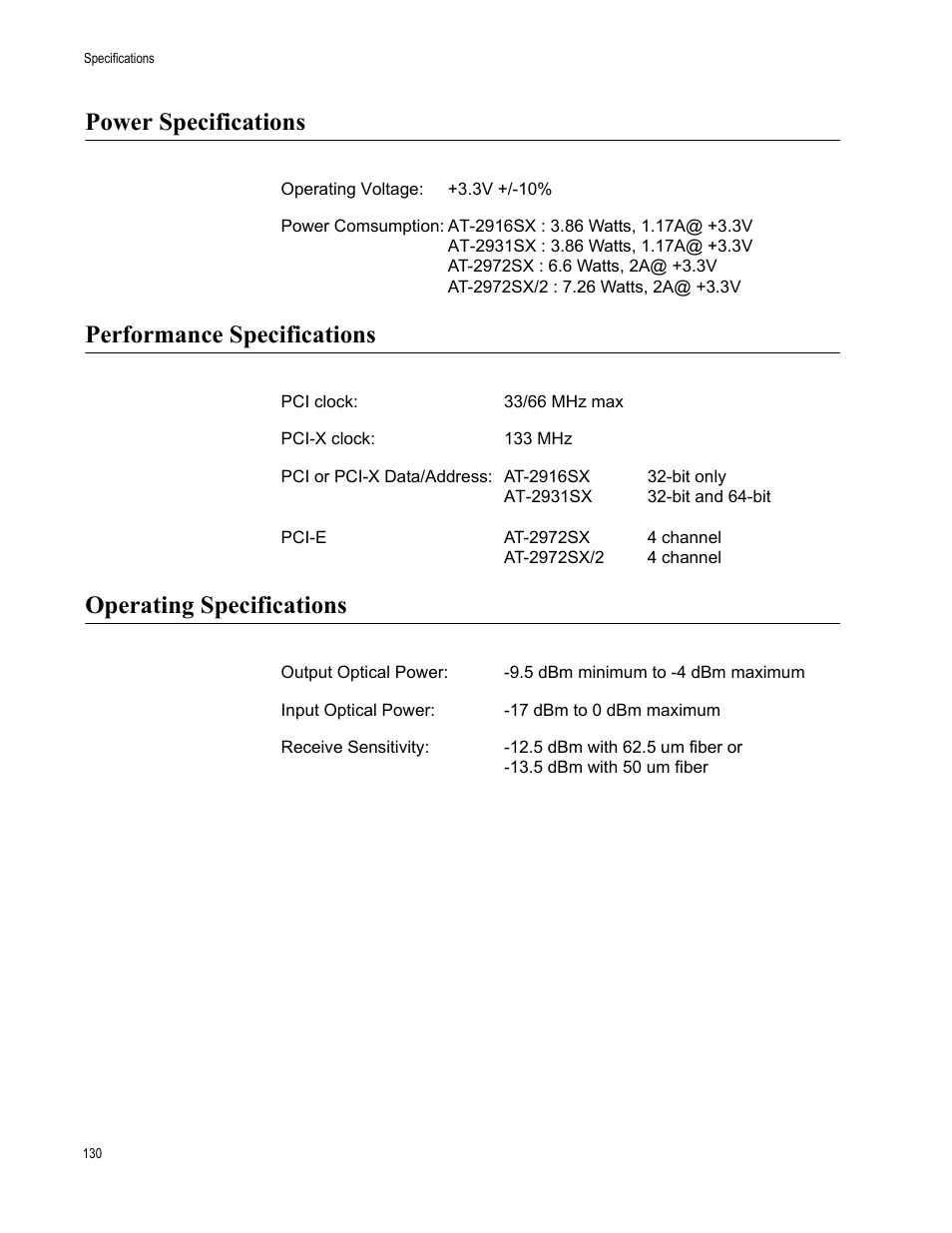 Power specifications, Performance specifications, Operating specifications | Allied Telesis AT-2931SX User Manual | Page 130 / 136