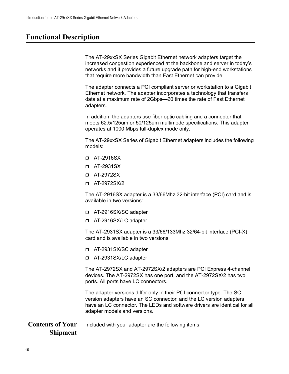 Functional description, Contents of your shipment | Allied Telesis AT-2931SX User Manual | Page 16 / 136