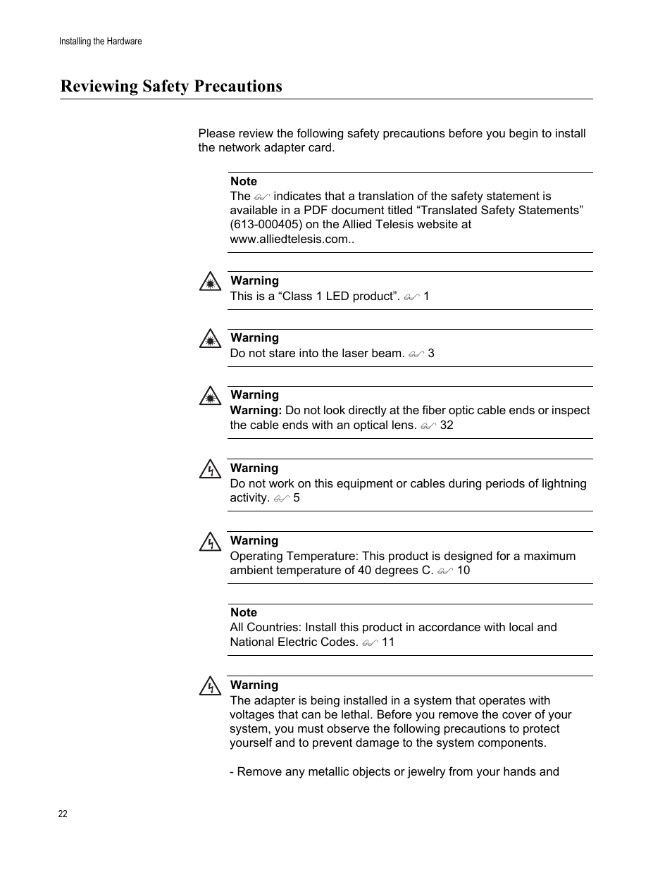 Reviewing safety precautions | Allied Telesis AT-2931SX User Manual | Page 22 / 136
